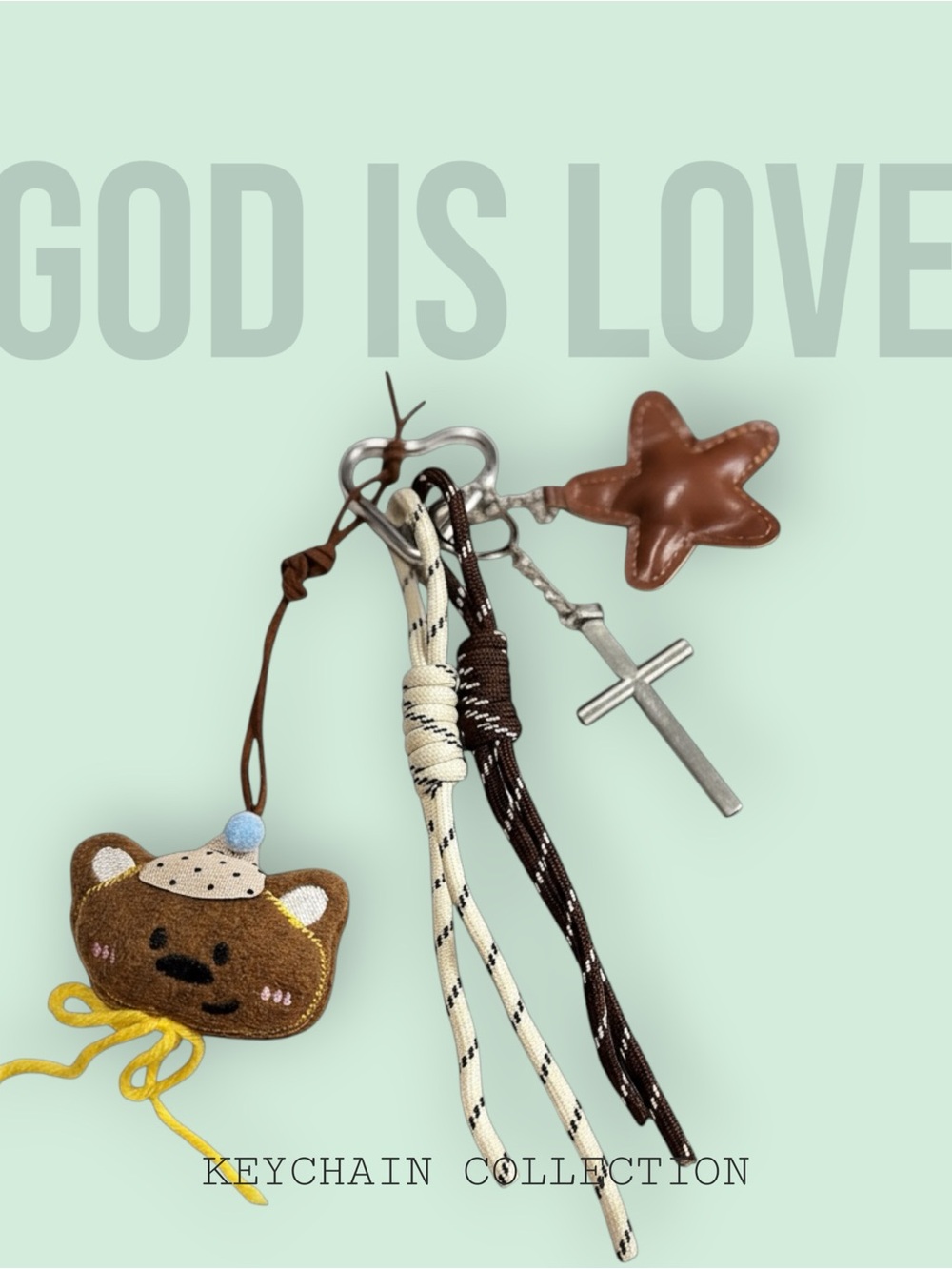Plush Bear Keychain with Cross & Star Charms - Brown Bear with Green Hat